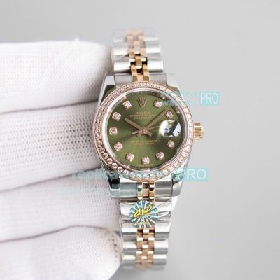 TW Factory Copy Rolex Datejust Diamond Watch Olive Green Dial Jubilee Band 28MM Ladies